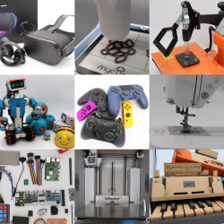 Eine Collage mit den Geräten des Makerspaces: Roboter, Virtual Reality Brille, Gaming-Controller, Nintendo-Labo, Nähmaschine, Schokodrucker, 3D-Drucker, Elektronik-Kleinteile
