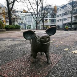 Eine Skulptur in Form eines Ferkels, welche sich auf dem Vorplatz vor der Stadtbibliothek befindet