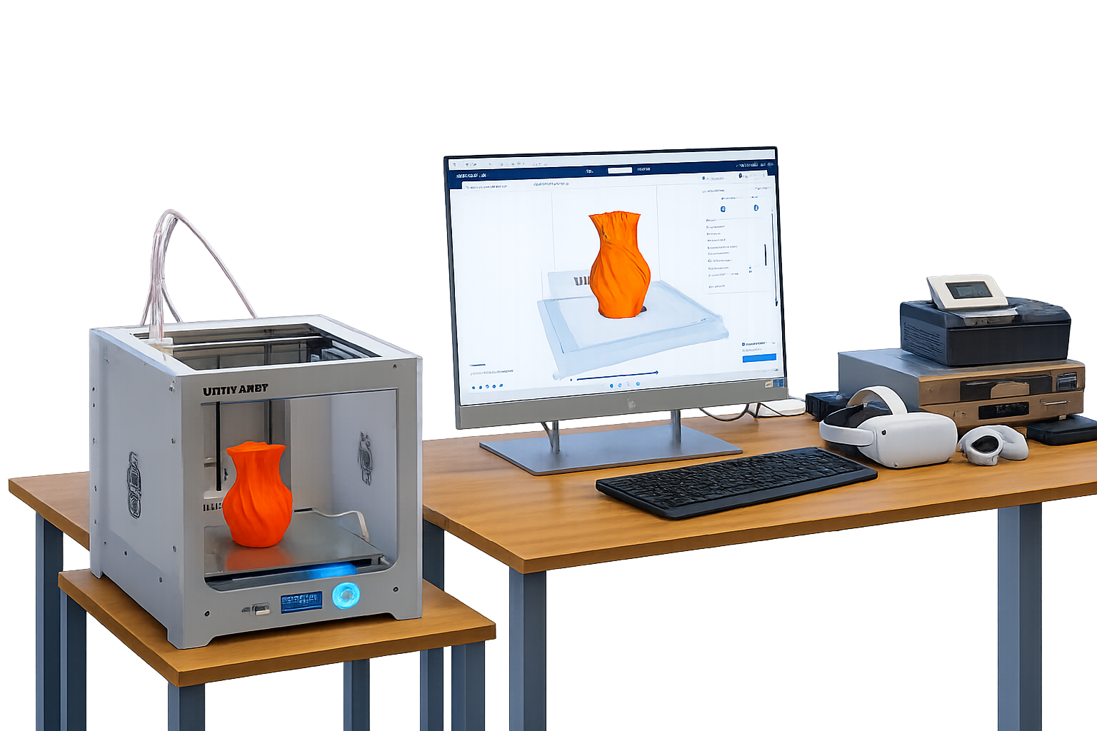 Ein Foto, auf dem die in der Veranstaltung vorgestellten Geräte zu sehen sind: ein 3D-Drucker, die Digitalisierungsstation, bestehend aus Kassettenrecorder, VHS-Recorder usw. Auf dem Tisch mit der Digitalisierungsstation steht außerdem ein Bildschirm, der das fertig gedruckte Objekt im 3D-Drucker zeigt.