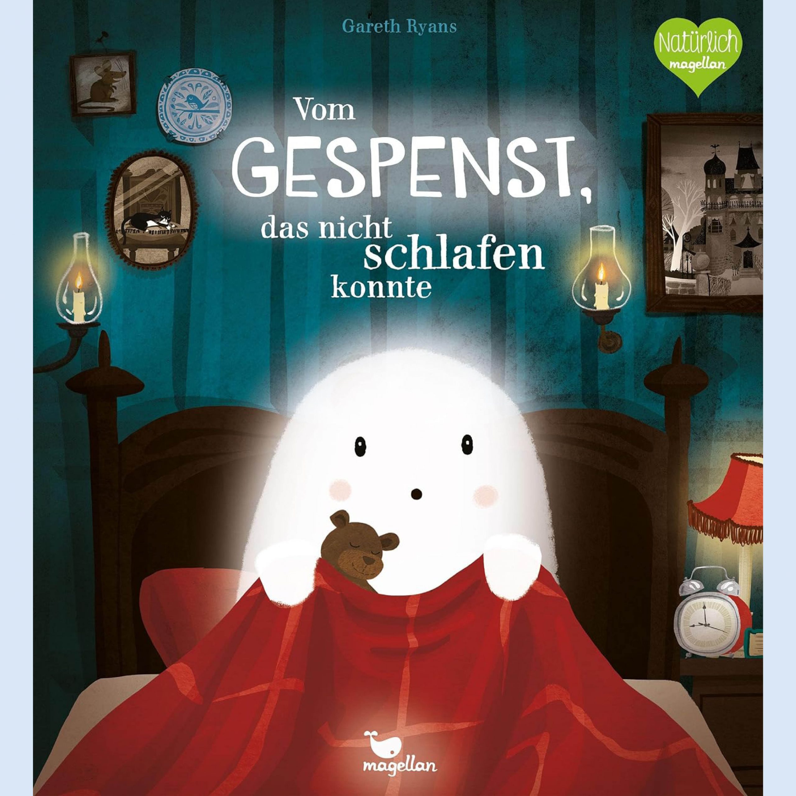 Buchcover mit einem Gespenst in einem Bett unter einer Bettedecke.