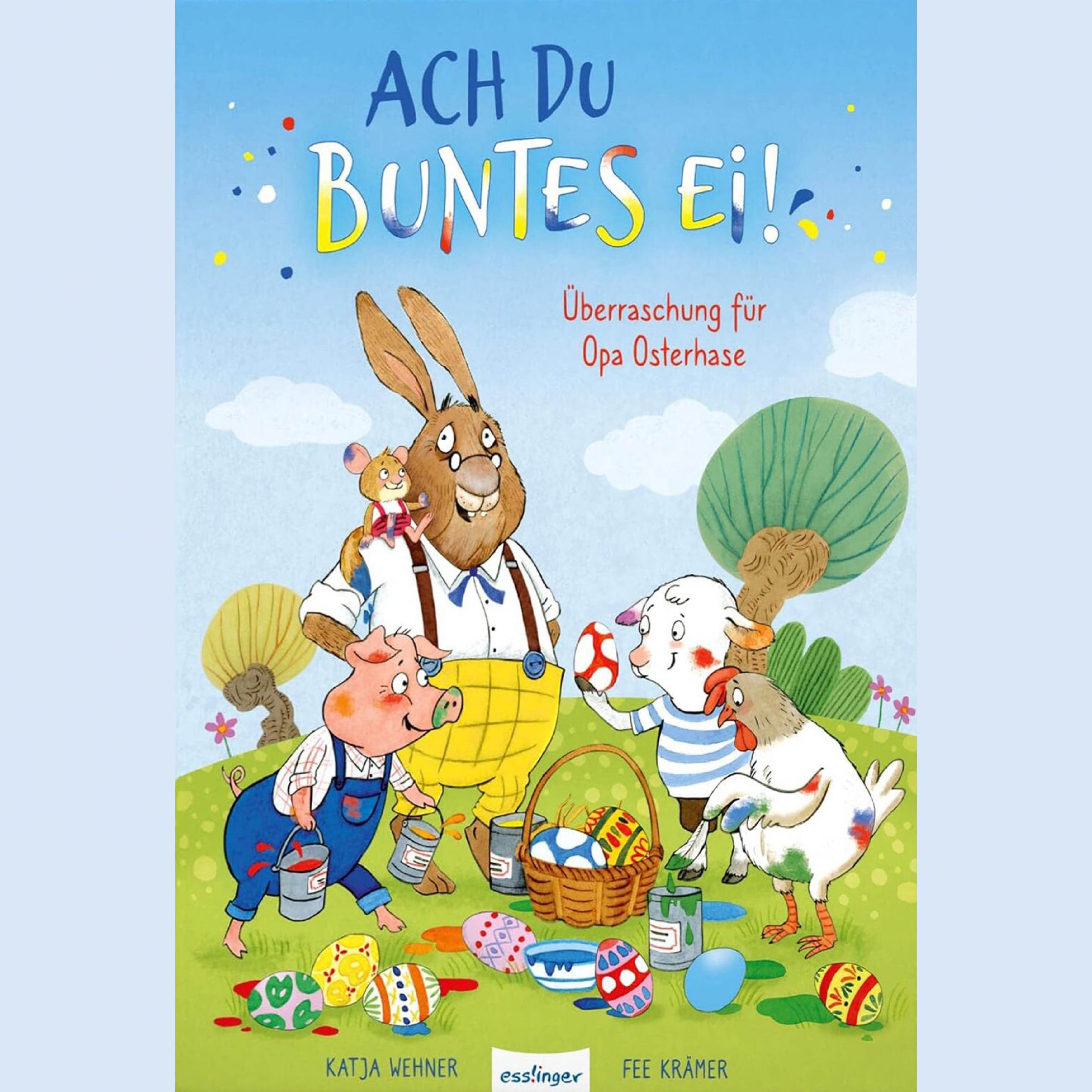 Buchcover mit einem Hasen und anderen Tieren auf einer Wiese.