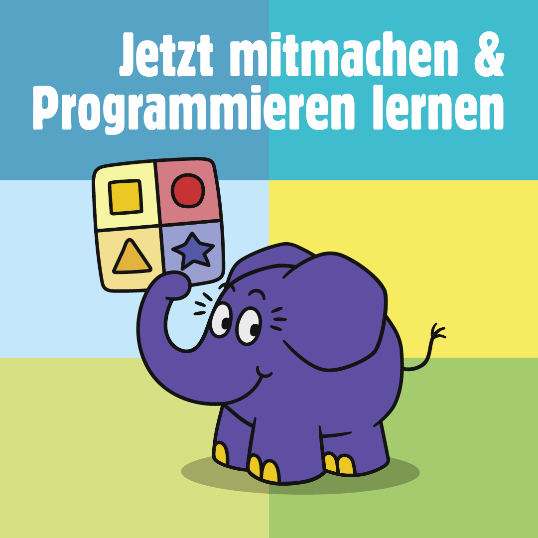 Auf dem Cover ist ein kleiner blauer Elefant zu sehen, der eine Schaltfläche mit vier Symbolen (Quadrat, Kreis, Dreieck, Stern) in unterschiedlichen Farben hochhält.