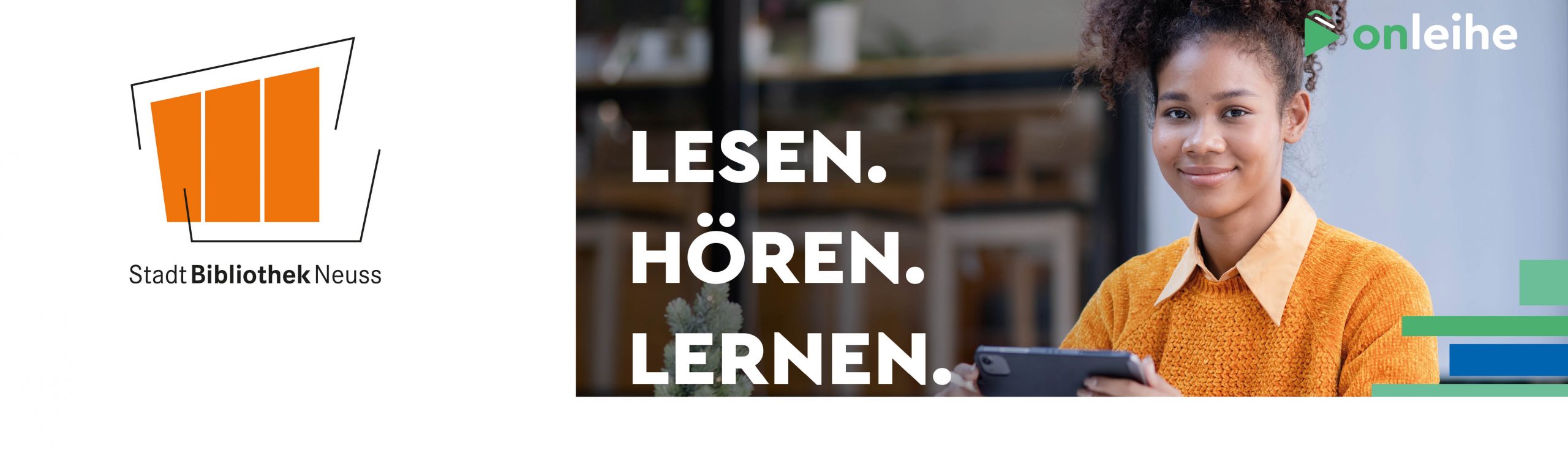 Bewerbung der zukünftigen Onleihe 3. Werbetext ist lesen, hören, lernen.
