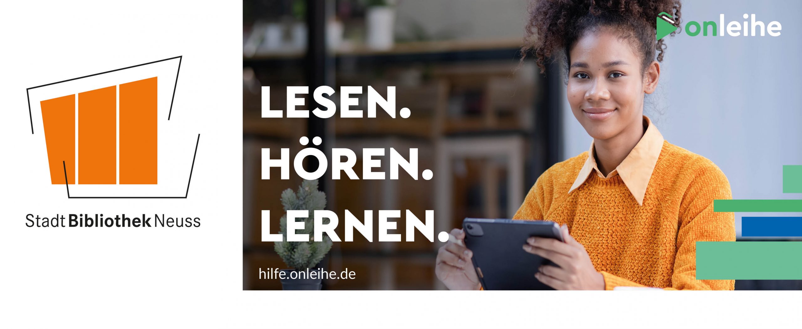 Bewerbung der zukünftigen Onleihe 3. Werbetext ist lesen, hören, lernen.