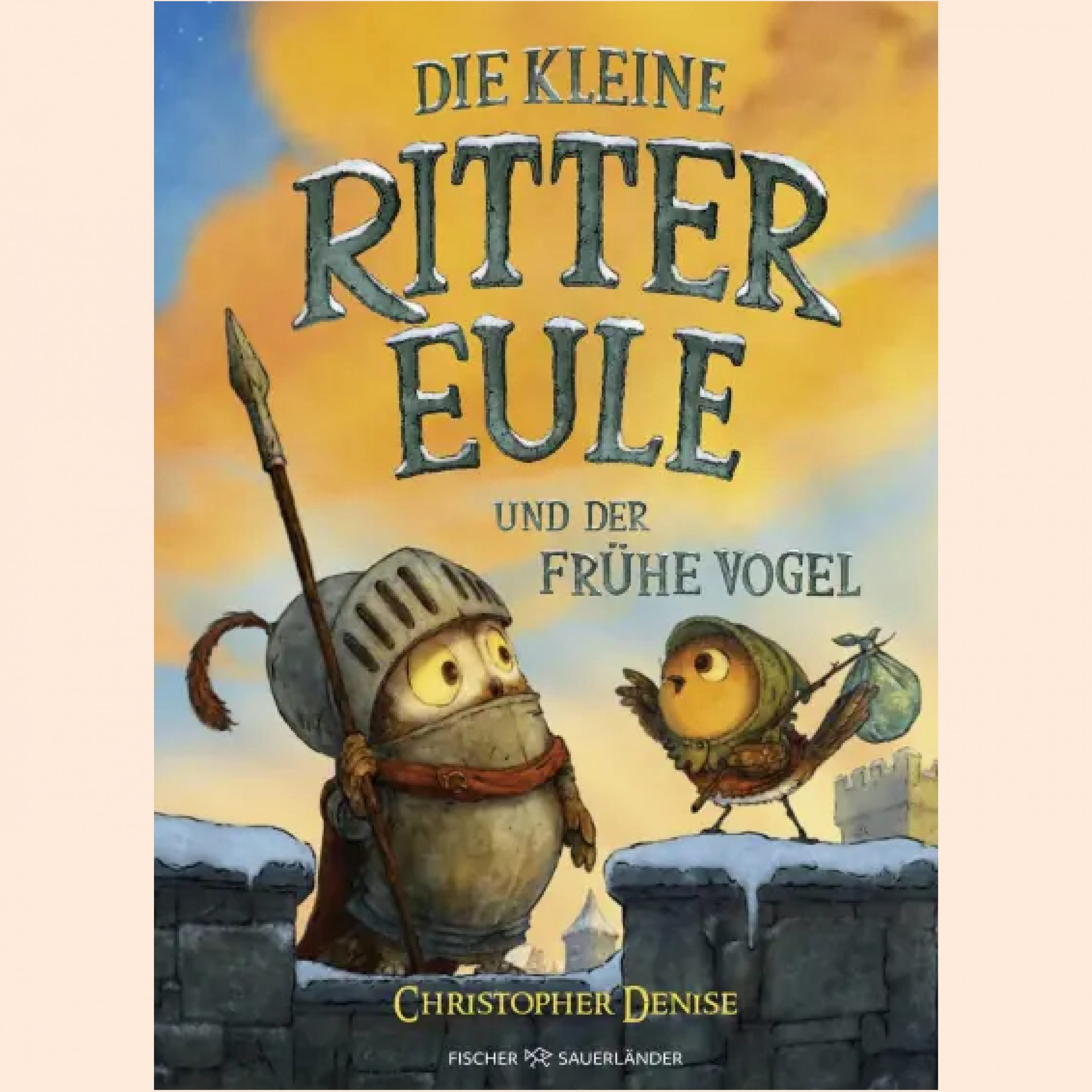 Auf dem Cover ist eine Eule in Ritterrüstung und ein kleinver Vogel mit Kapuze auf einer Burgmauer abgebildet.