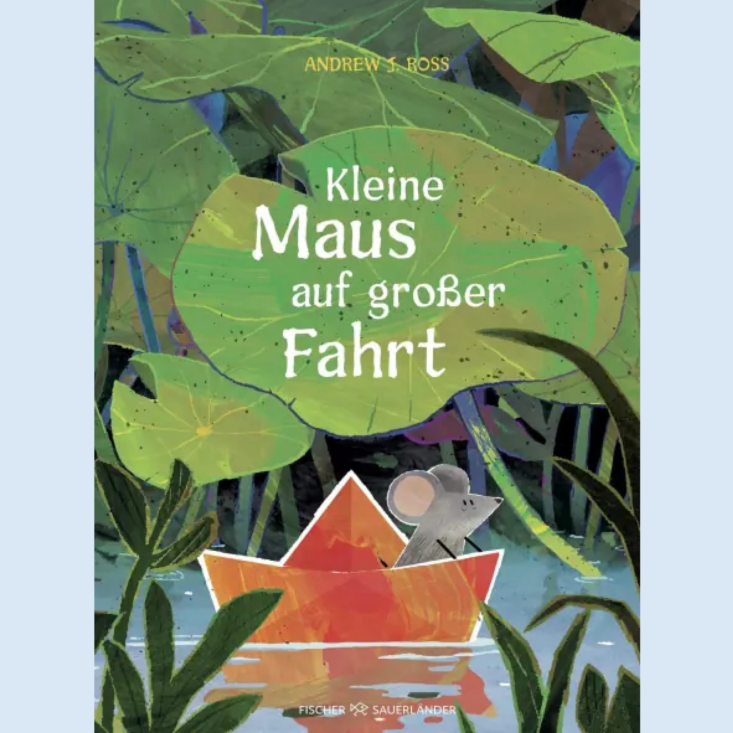 Auf dem Buchcover ist eine Maus abgebildet, die in einem orangefarbenen Papierboot auf einem Gewässer fährt.