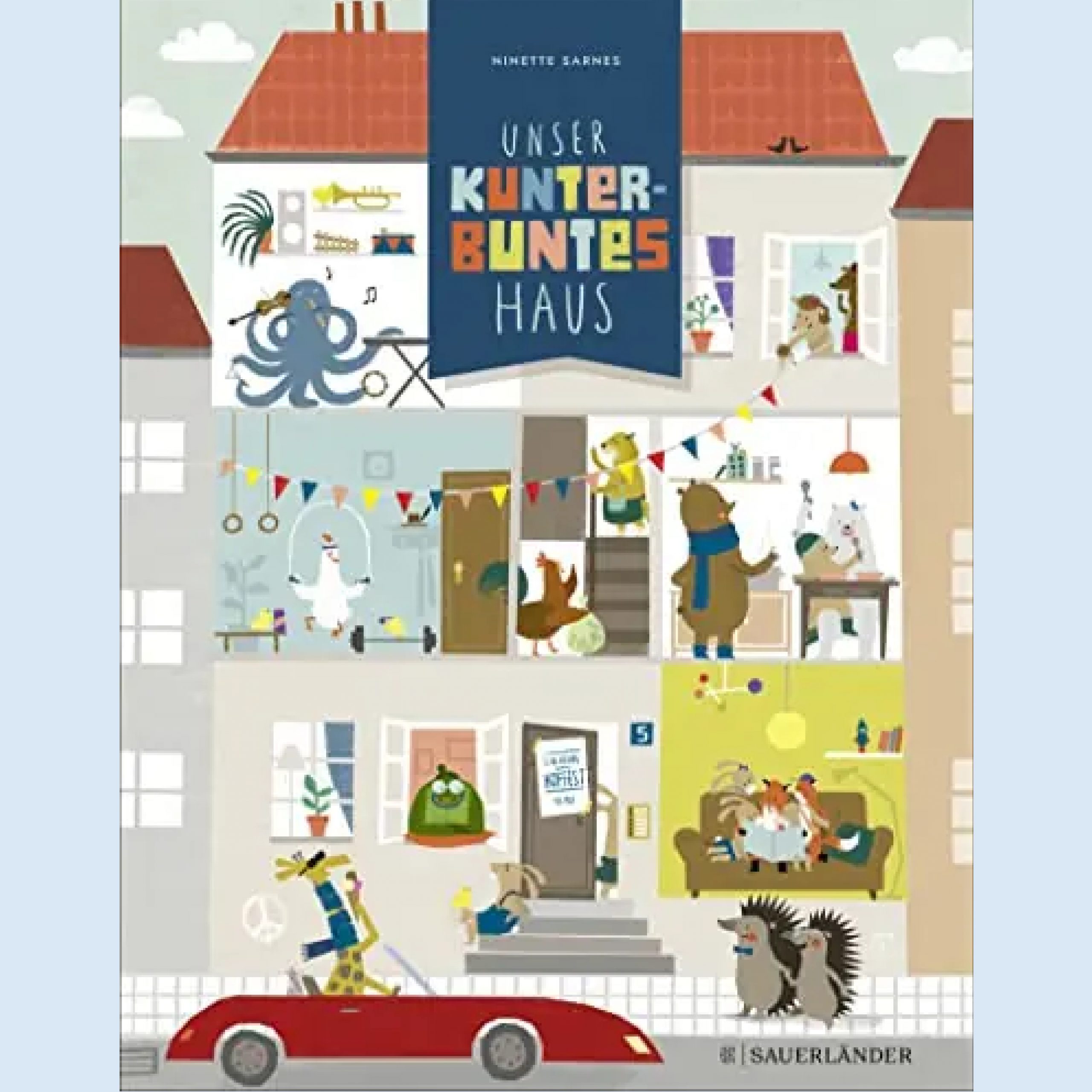 Auf dem Buchcover ist ein Wohnhaus so abgebildet, dass man in die vielen verschiedenen Räume hineinsehen kann.