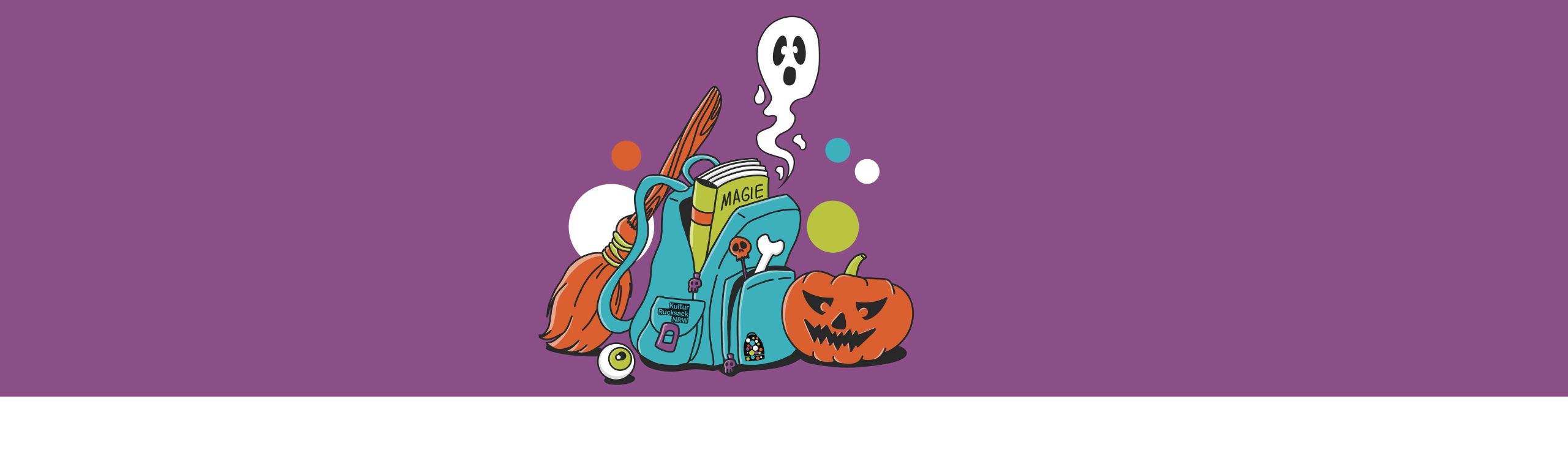 Ein gezeichnetes Bild, mit einem Kürbis, Hexebesen, Geist und einem Rucksack, der sinnbildlich für den Kultur Rucksack NRW steht.